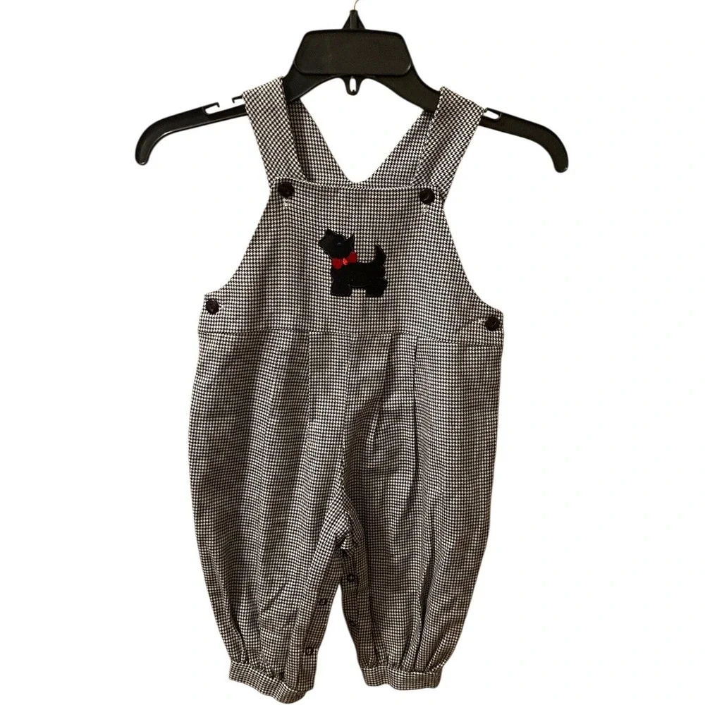 Vintage Kids Houndstooth Bibs Scottie Dog Jumpsuit Romper 24m Black‎ White